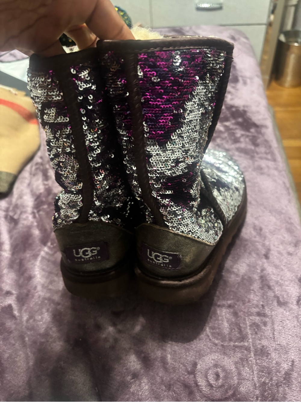 UGG Sequin Short Boots in Silver and Magenta. Kids 7 Can fit women’s size 8